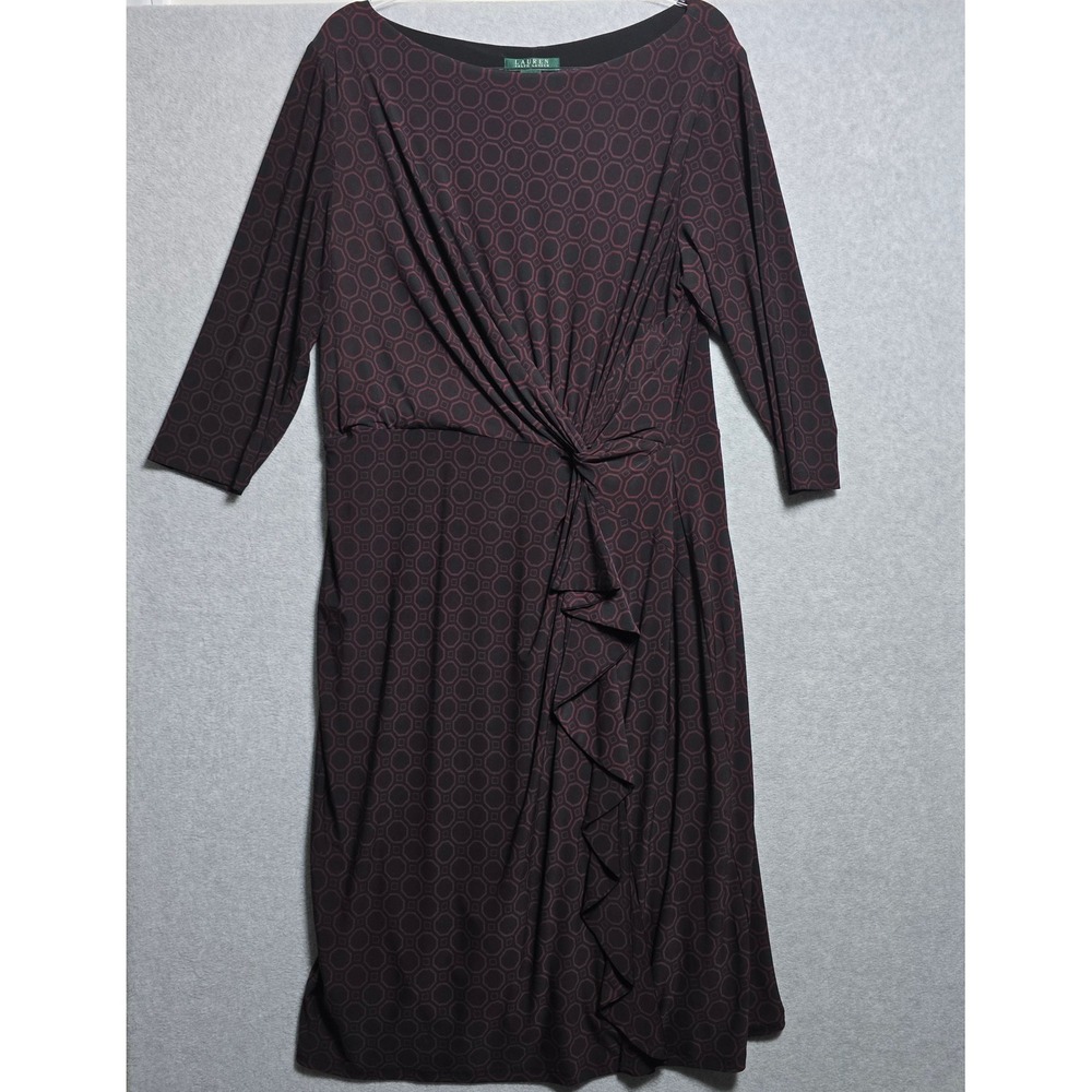 Lauren Ralph Lauren Size 14W Knotted Ruffle Geometric Print Dress Office Career